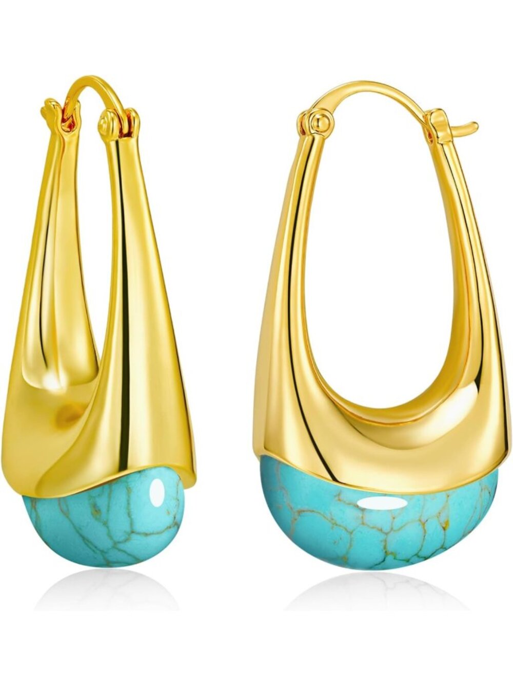 Chunky Dangle 18K Gold Plated Hoops with Colored Resin Gemstone Earrings